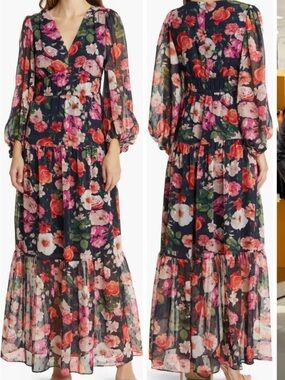 Eliza J Navy Maxi Dress with Pink & Red Floral Print